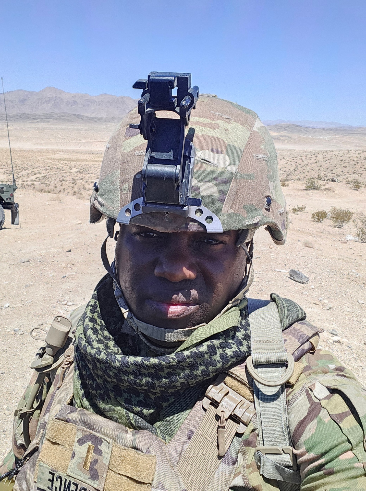 Olardo in combat helmet at desert training range