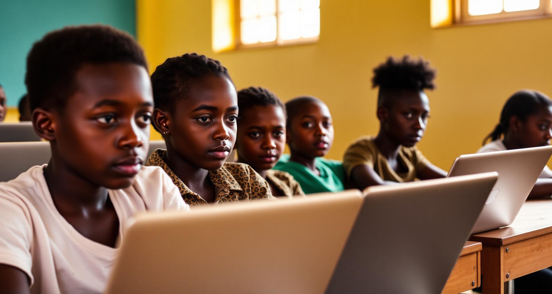 Jamaican youth focused on laptops in a sunlit classroom