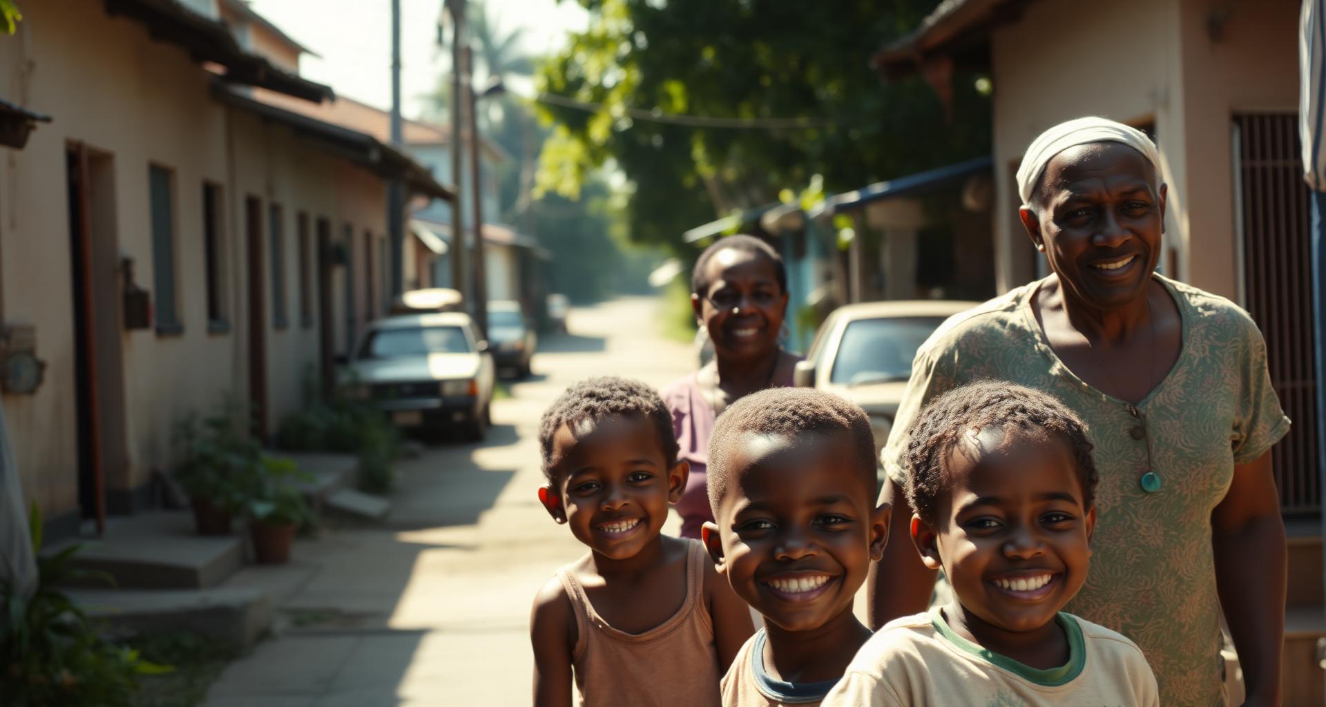 Smiling Jamaican children and elders in a sunlit neighborhood