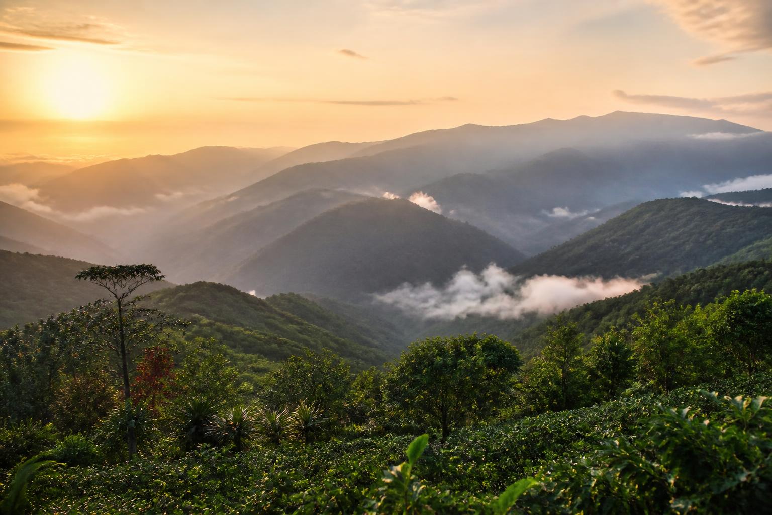 Misty sunrise over Jamaica's Blue Mountains