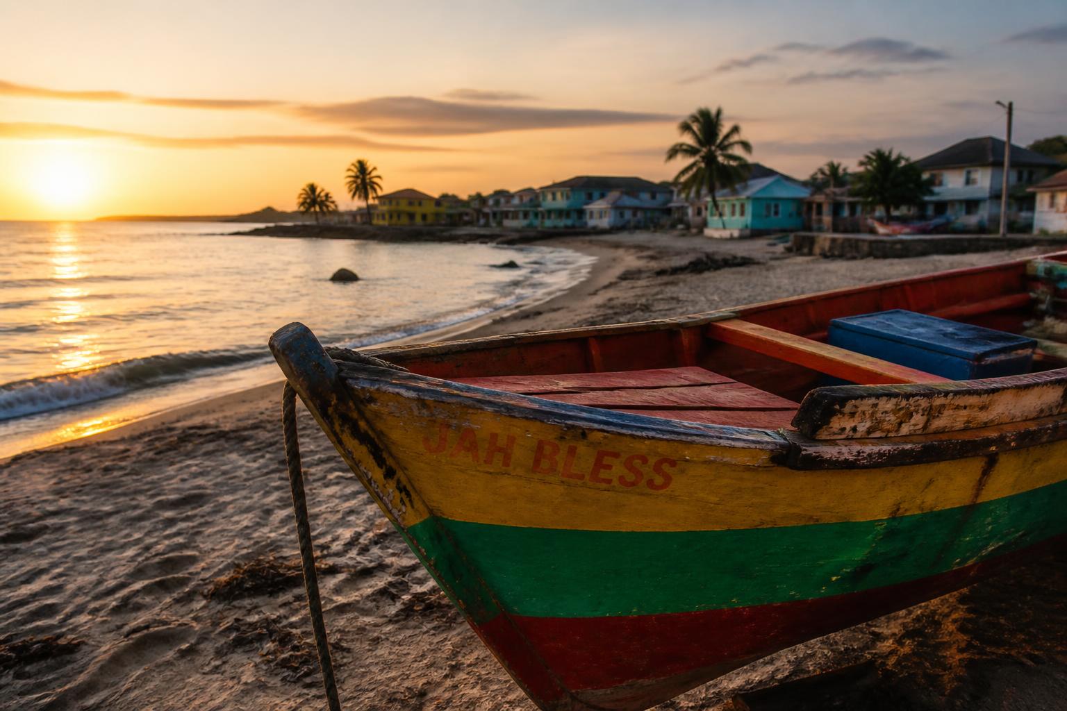 Hand-painted fishing boat on a Jamaican beach at sunset