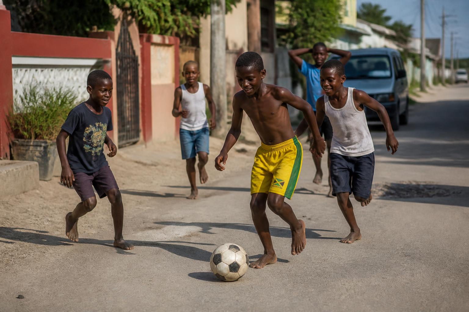 Jamaican children playing street soccer