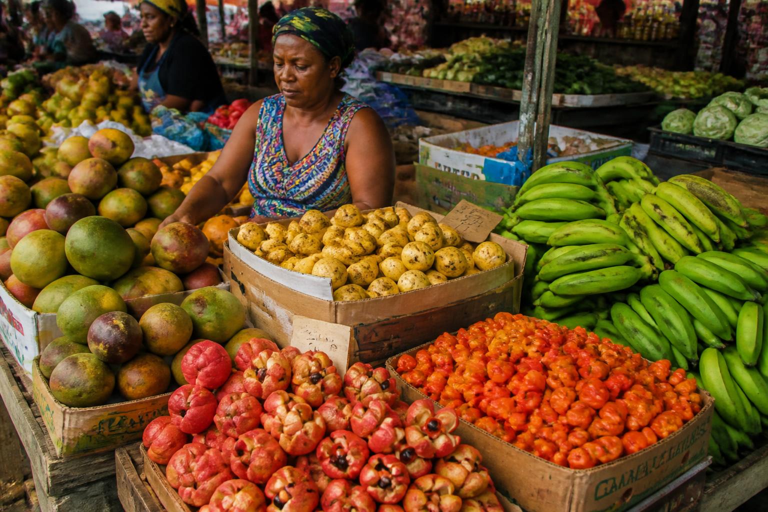 A vibrant Jamaican produce market