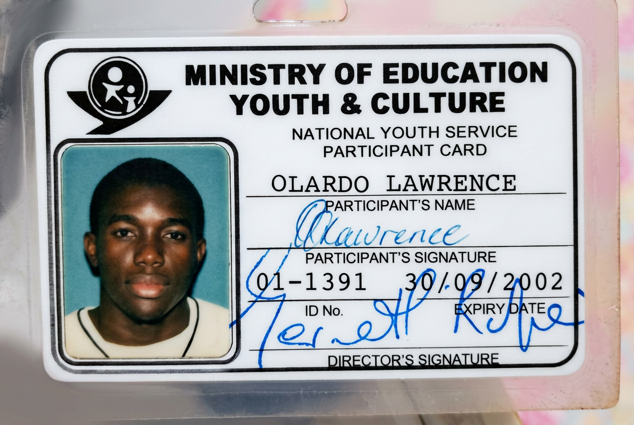 Olardo's National Youth Service participant card from Jamaica