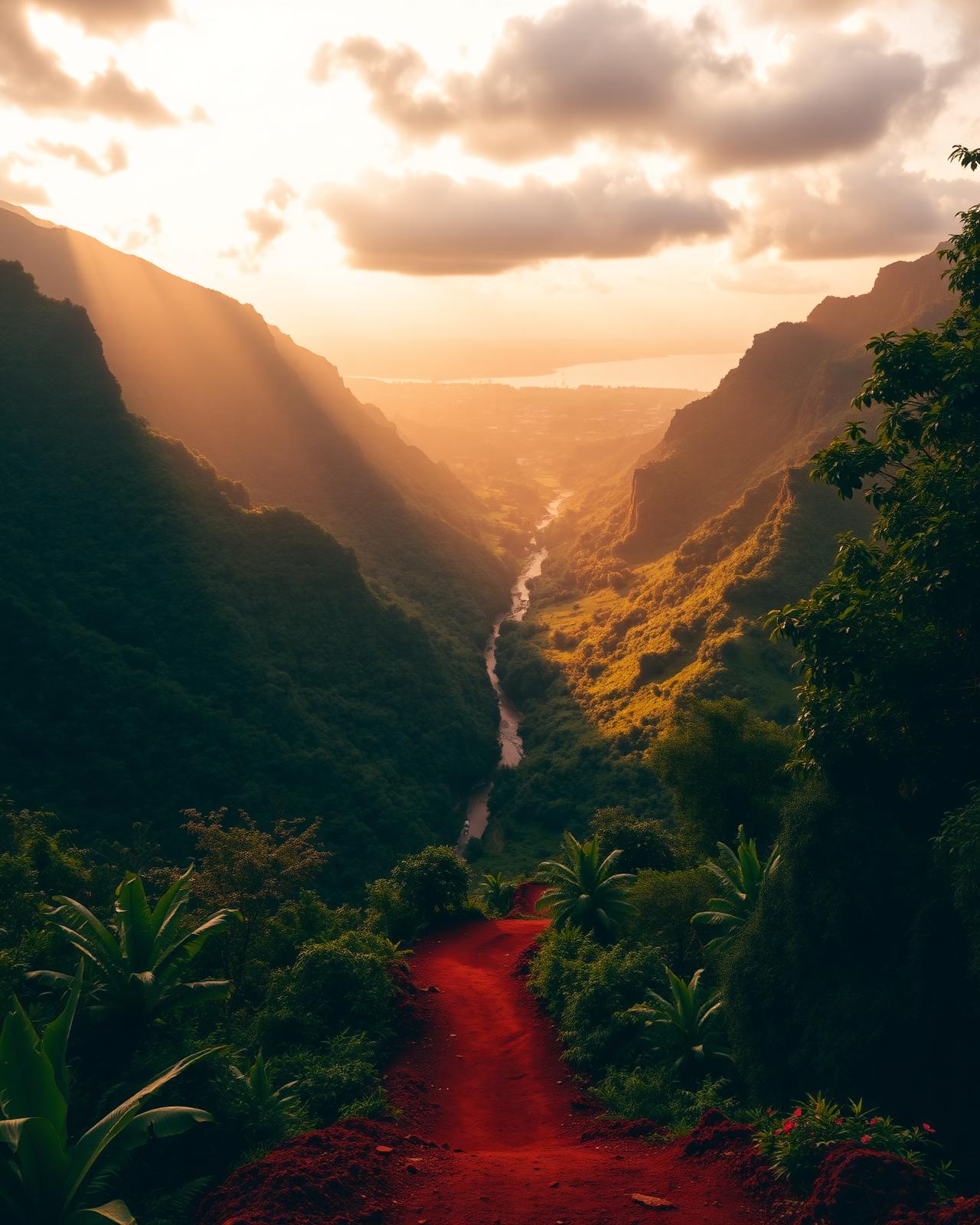 Blue Mountains river valley overlooking Kingston at golden hour — rooted in Jamaica